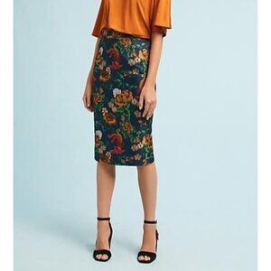 Anthropologie Isla Maude Size S Navy Floral Jacquard Knee Length Pencil Skirt